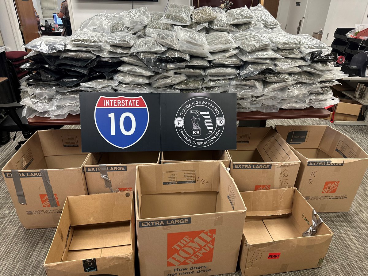FHPTallahassee's tweet photo. Yesterday troopers seized 250 pounds of illegal narcotics on Interstate 10 in Jefferson County. Great job! #FHP #arrest #news #Florida @WCTV @TDOnline @abc27 @WFSUmedia #Tallahassee #arrested #Monticello #lawenforcement #leo #cops #Interstate10 https://t.co/s4fDlM6MBp