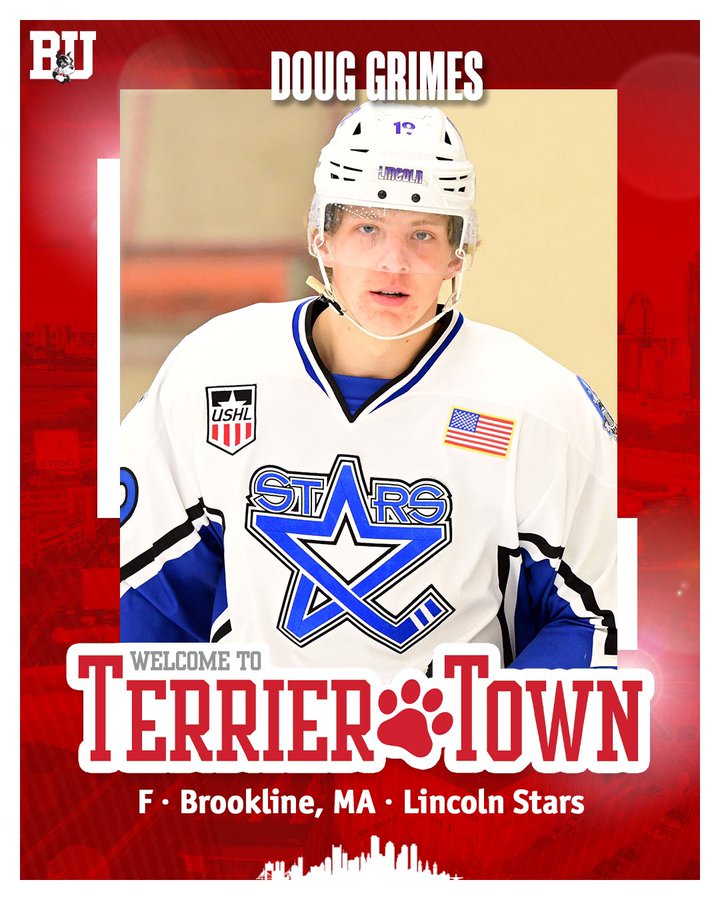 Graphic welcoming former Lincoln Stars forward and Brookline, MA native Doug Grimes to Terrier Town. Includes photo of Doug skating for Lincoln.