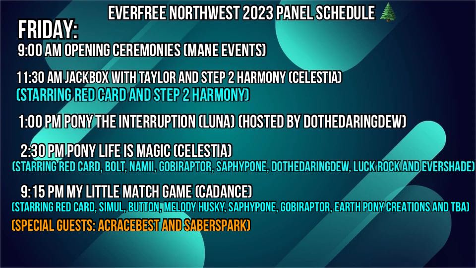 Taylor #GlimmerGang (@taylorbmcardle) on Twitter photo GOOD MORNING <a href="/EverfreeNW/">Everfree Northwest</a>! Itโs Day One with so much on tap for today! Kicking things off with Opening Ceremonies at 9 AM then a little afterwards we will be playing some Jackbox with <a href="/Step2Harmony/">Step 2 Harmony</a>, exploring more Pony Life, Match Game and more! #EFNW2023 #GlimmerGang ๐ GOOD MORNING <a href="/EverfreeNW/">Everfree Northwest</a>! Itโs Day One with so much on tap for today! Kicking things off with Opening Ceremonies at 9 AM then a little afterwards we will be playing some Jackbox with <a href="/Step2Harmony/">Step 2 Harmony</a>, exploring more Pony Life, Match Game and more! #EFNW2023 #GlimmerGang ๐