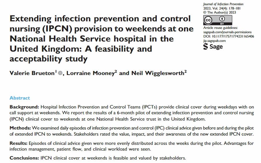 Interesting paper from ⁦<a href="/Neilwigg/">Neil Wigglesworth (He/Him) 💙</a>⁩ and colleagues in #JIP evaluating the feasibility and acceptability of provision of #IPC services at the weekend. #infectionprevention ⁦<a href="/IPSRnD/">Infection Prevention</a>⁩ ⁦<a href="/ips_epdc/">EPDC</a>⁩ ⁦<a href="/IPCI5/">IPCIreland</a>⁩ ⁦<a href="/APIC/">APIC</a>⁩
