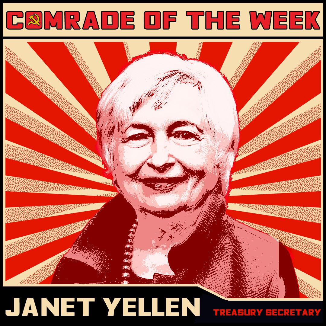TeamHaley's tweet photo. This edition's #ComradeOfTheWeek is none other than @SecYellen for pushing to water down investment restrictions in Chinese tech.
She is literally and figuratively bowing down to China. https://t.co/DnzNZ6QM7q
