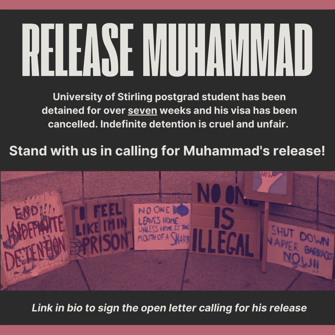 🚨 BREAKING: Muhammad, a postgrad student at the University of Stirling, has been detained by the Home Office despite having a valid student visa. 🔒 He’s now been held at Dungavel detention centre for 7 weeks. 📣 Share this and join us in calling for his urgent release!