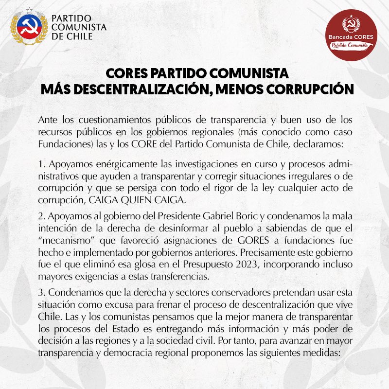 PCdeChile's tweet photo. 📢 DECLARACIÓN PÚBLICA | Cores Partido Comunista: Más descentralización, menos corrupción. https://t.co/zRcNhNAgu7