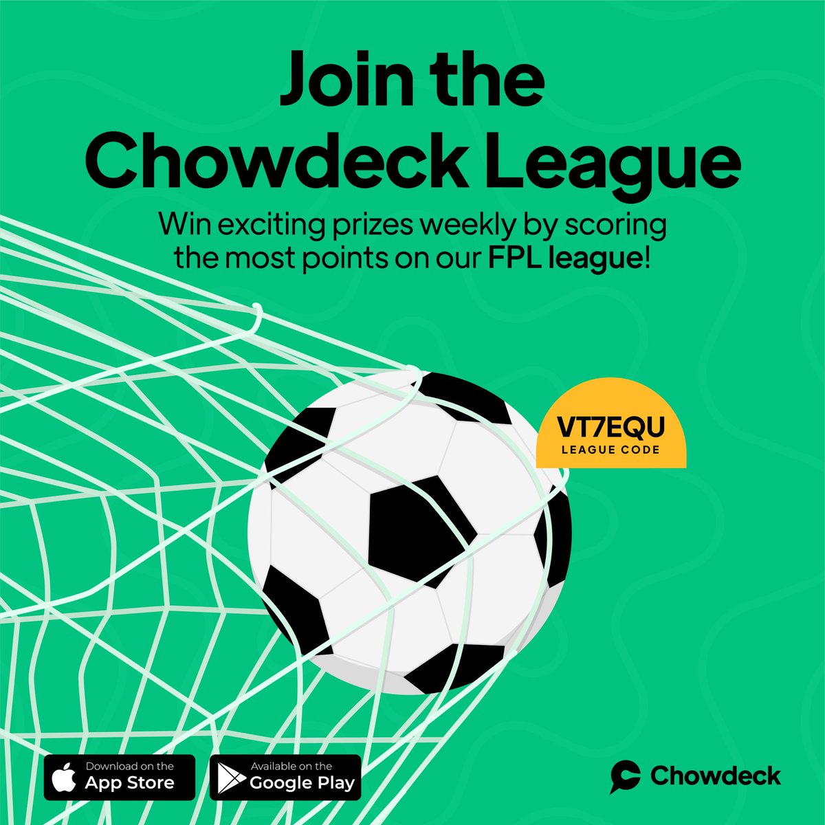 chowdeck's tweet photo. Football lovers, get in! 🥅  

Join our FPL League to win exciting prizes including free meals, vouchers, and more weekly! All you’ve got to do is score the most points 🎉 

Join here: https://t.co/ND3IaVo5EC 🚨

This offer is exclusive to people in Chowdeck serviced cities: Lagos, Abuja, Port Harcourt and Ibadan 💚