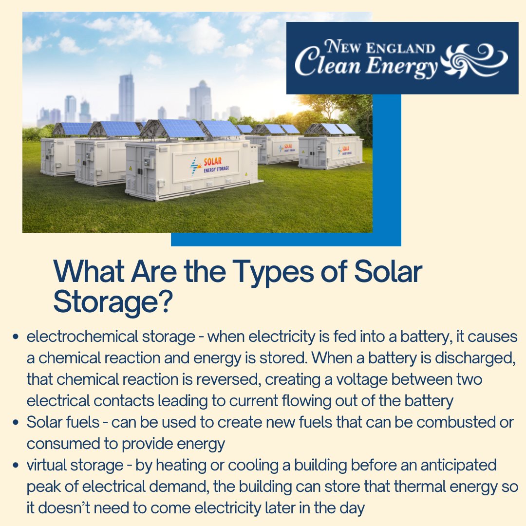 NE_Clean_Energy's tweet image. What is solar storage and how can it improve your experience with solar energy? New England Clean Energy is here to explain the complexities of solar storage and how it can benefit you and your solar system in the long run! ☀️
#newenglandcleanenergy #solartips