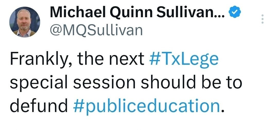 pastors4txkids's tweet photo. Wilks Brothers billionaire-backed extremist @MQSullivan states the real goal of the @BetsyDeVos voucher crowd.

They want to privatize your #txed public school. For their gain. 

Thx @scottbraddock. He blocked us years ago. He’s afraid of pastors telling him the truth.

#txlege https://t.co/7v4b0KA3KG