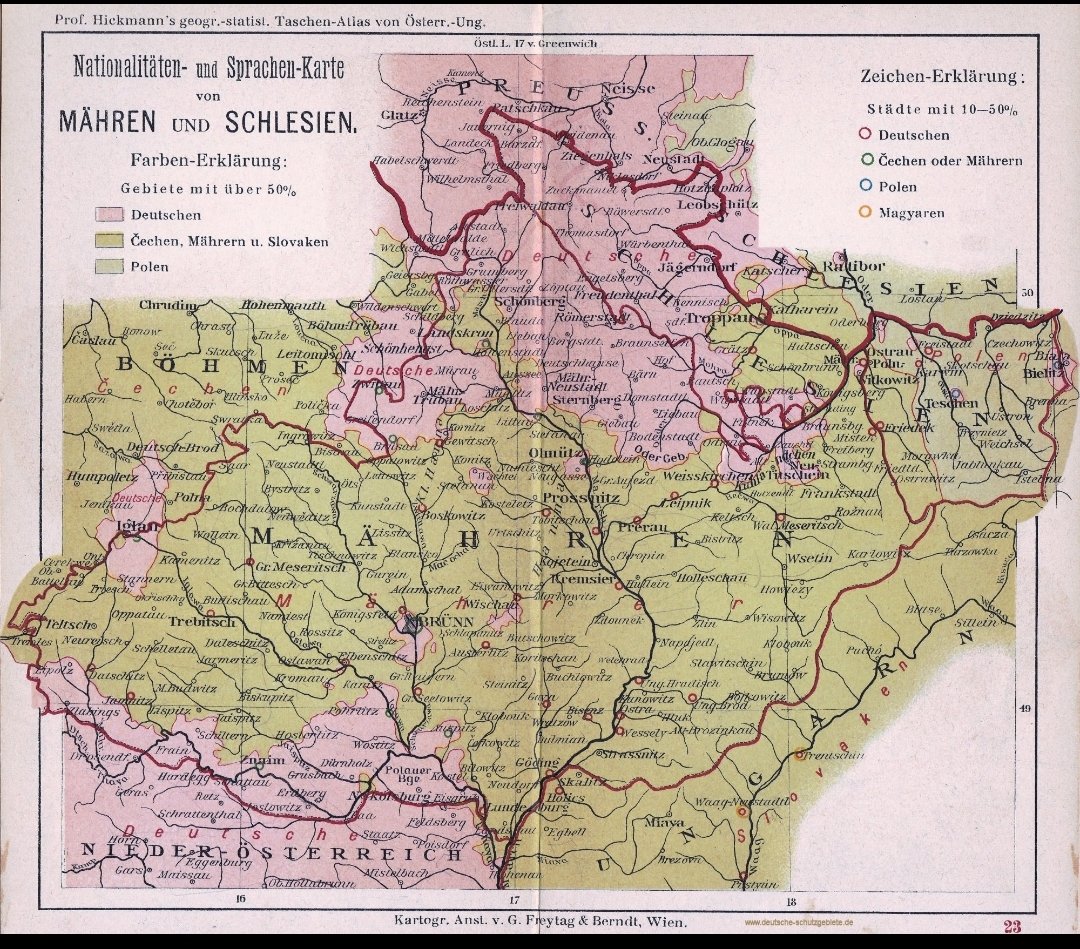 Fana43124688's tweet photo. DE: Karte der Nationalitäten und Sprachen Mährens und Schlesiens 1900 (Taschenatlas von Österreich-Ungarn von Prof. #Hickmann).
#Mähren (#Moravia)
#Schlesien (#Silesia) https://t.co/njc2qcjJVp