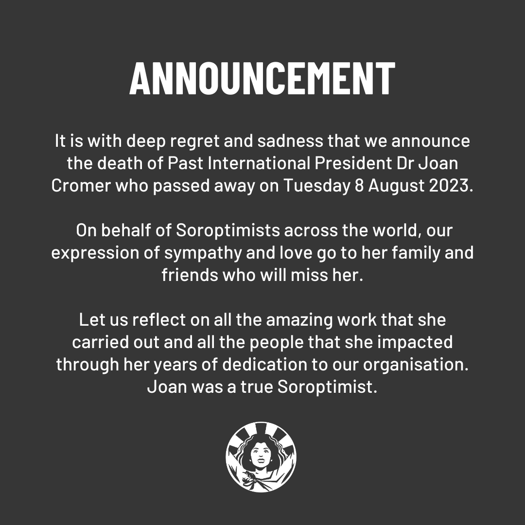 SoroptiTweet's tweet photo. It is with deep regret and sadness that we announce the death of Past International President Dr Joan Cromer. Our expression of sympathy and love go to her family and friends who will miss her. 

Full statement on our website: https://t.co/TRylXRQYcd https://t.co/IbbtmDjM7l