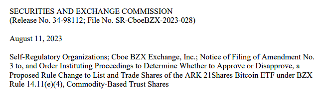 美SEC推迟对ARK Invest申请比特币现货ETF做出决定