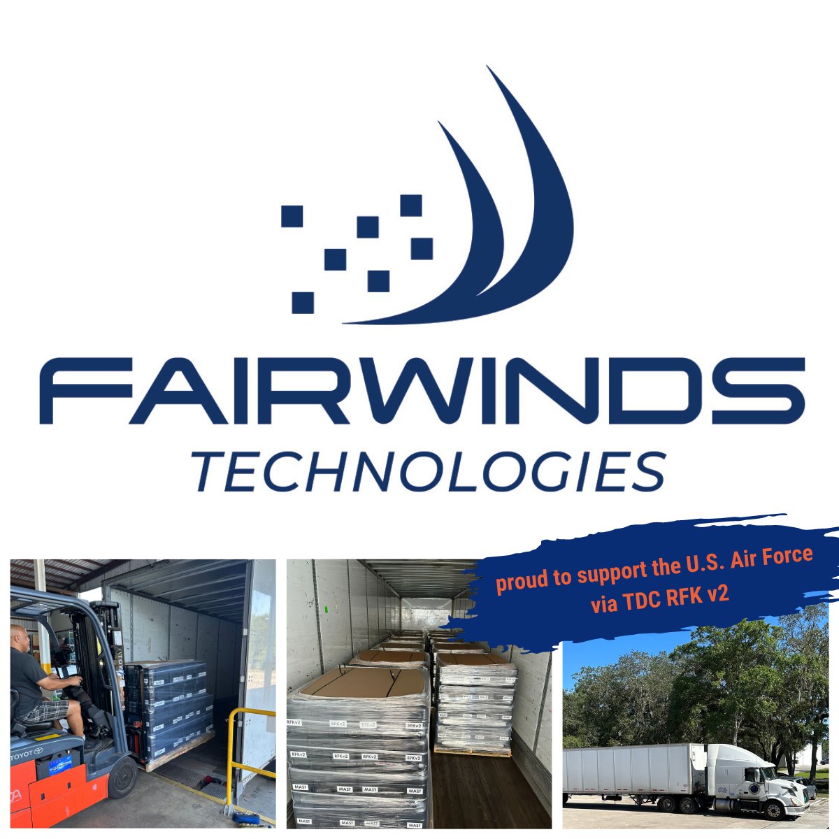 fairwinds_tech's tweet photo. We continue our shipments of Radio Frequency Kits.  Two more trucks loaded and on the road with additional trucks departing next week.  Proud to work with industry partners @CambiumNetworks GDS and @ElaboritInc to support the U.S. Air Force. https://t.co/DALoyE6vup