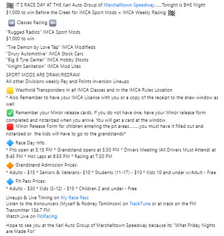 foxman1987's tweet image. 🏁IT'S RACE DAY AT THE Karl Auto Group of @MoTownSpeedway .......Tonight is BHE Night $1,000 to win Before the Creek for IMCA Sport Mods + IMCA Weekly Racing  🏁

* Hot Laps at 6:55p
* Racing at 7:30p

📋 (Lineups &amp;amp; Results)  @MyRacePass
💻📺 @FloRacing 
🎧📱 @TrackTuneLive