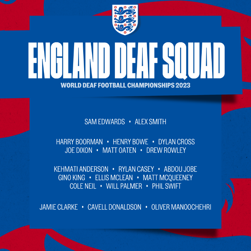 England's tweet photo. Our England Deaf men’s squad will be heading to Malaysia in September for the World Deaf Football Championships 2023.

Head coach Sam Manoochehri has named a 20-player squad for the tournament. Best of luck, lads! 👊