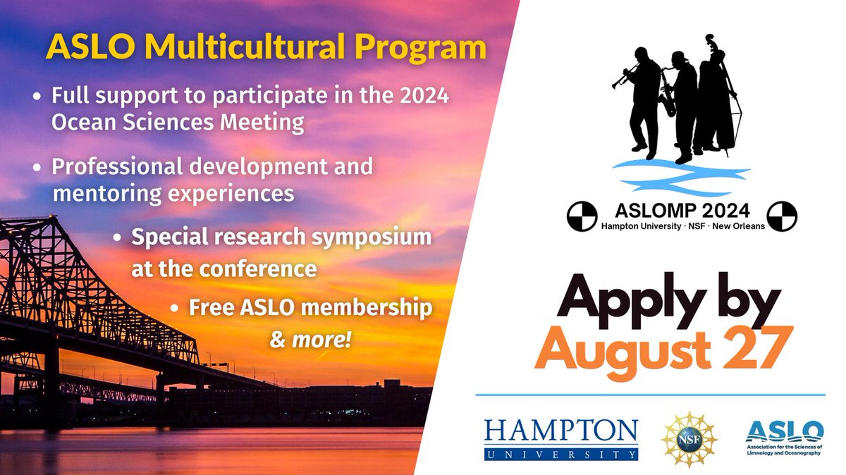 The ASLO Multicultural Program is going to New Orleans! Graduate & undergraduate students can apply now for full funding to attend the 2024 Ocean Sciences Meeting, professional development, and a one-year ASLO membership. 👉Check out the details here: bit.ly/ASLOMP