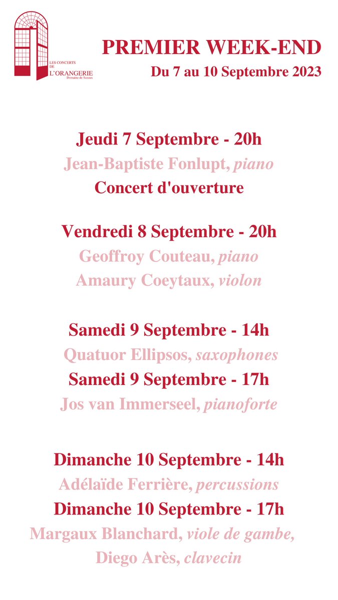 FOrangerie's tweet photo. Découvrez dès maintenant le programme du premier week-end du Festival de l'Orangerie de Sceaux, qui se déroulera du 7 au 24 Septembre 2023 au Domaine départemental de Sceaux.

Réservez dès maintenant : https://t.co/gxIGjpR9xv https://t.co/7L9klddFUo