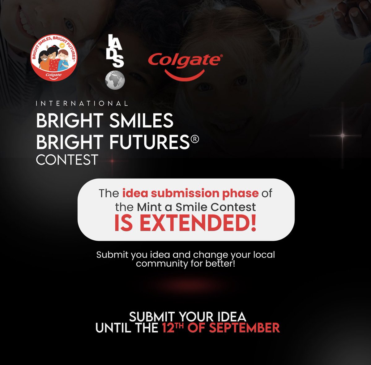 We are very glad you expressed great interest, that is why we are extending the idea submission phase until the 12th of September! Gather your team and make your local community better! iads-web.com/projects/colga… #colgate #future #oralhealth #healthcare