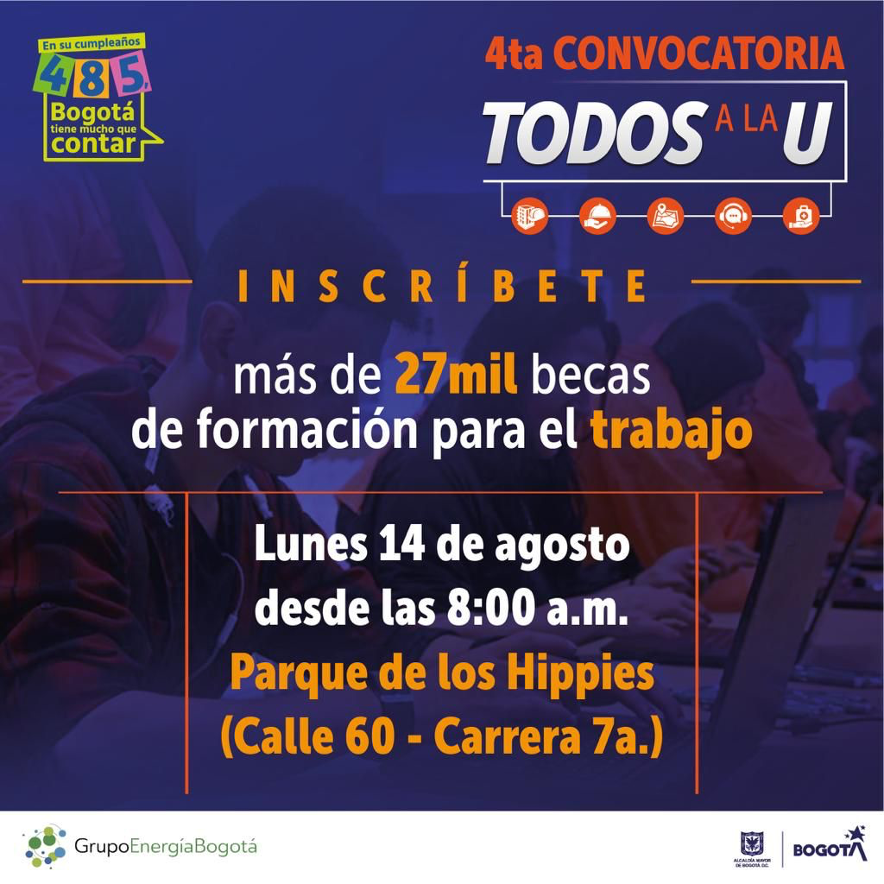 Te esperamos en la 4ta convocatoria de TODOS A LA U. Tenemos cursos cortos 100% gratuitos en gastronomía, turismo y servicio al cliente. ¡No te lo pierdas! 🥳

👉 bit.ly/475btoG

Gracias al trabajo de <a href="/Bogota/">Alcaldía de Bogotá</a>, <a href="/DesarrolloBta/">Secretaría Desarrollo Económico</a>, <a href="/Educacionbogota/">Secretaría de Educación de Bogotá</a>  y <a href="/AteneaBogota/">ATENEA</a>