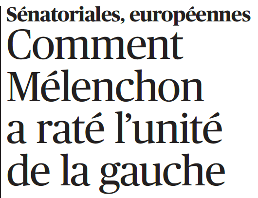 Encore la faute à Mélenchon (titre Figaro auj)... C'est vrai que Roussel et les autres boulets ont tout fait pour qu'il y ait unité, mais c'est l'affreux Mélenchon qui n'a pas voulu 
Tant mieux qu'il n'y ait pas d'unité avec eux, ils font obstacle à la conquête des cat populaires