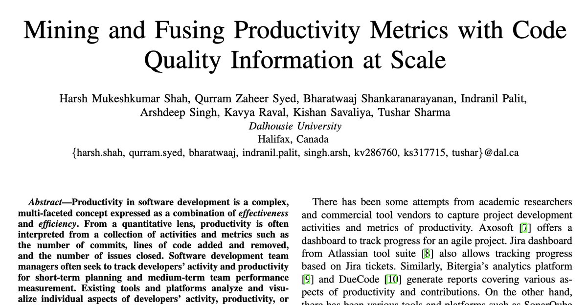 dr_tusharma's tweet photo. Great day for @SMART_Dal - one @ICSME NIER track, one ICSME Tools track, and one @ieeescam Research track paper got accepted. Preprints coming soon.
Congratulations to @IndranilPalit1, @s_mootez, @gautamshetty_, Himesh, and others co-authors. https://t.co/10IMNtscOD