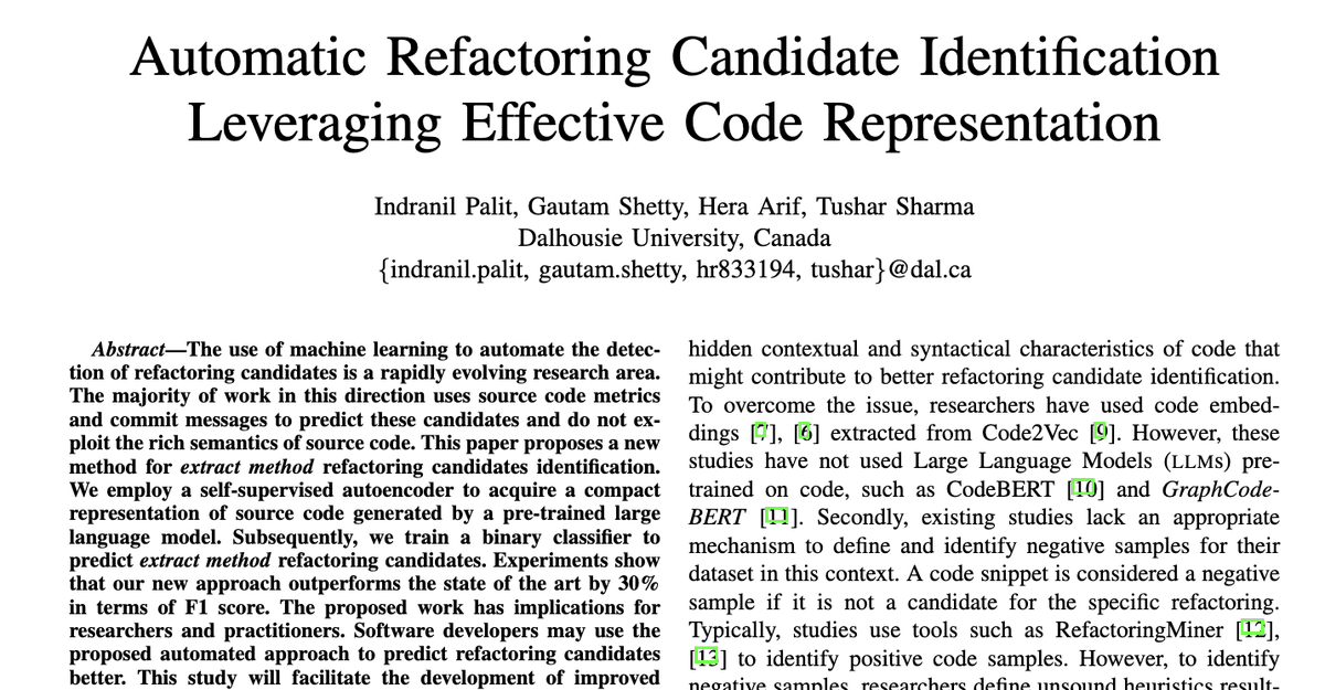 dr_tusharma's tweet photo. Great day for @SMART_Dal - one @ICSME NIER track, one ICSME Tools track, and one @ieeescam Research track paper got accepted. Preprints coming soon.
Congratulations to @IndranilPalit1, @s_mootez, @gautamshetty_, Himesh, and others co-authors. https://t.co/10IMNtscOD