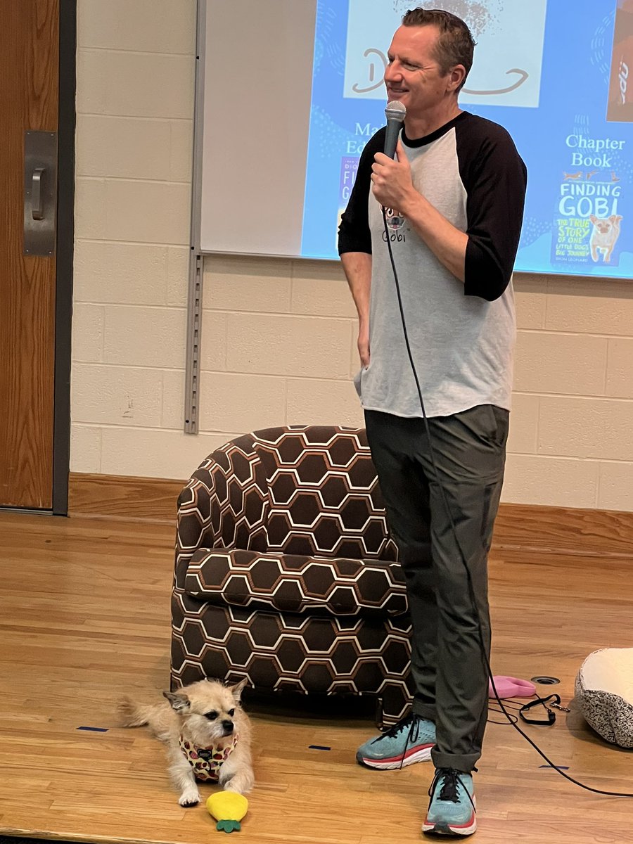Woodland_JCS's tweet photo. Author Dion Leonard and his amazing pup, Gobi, came to visit Woodland this morning. Mr. Dion read his book - Finding Gobi. What an amazing and inspiring story! @jcityTNschools https://t.co/2RBmX7sYmc