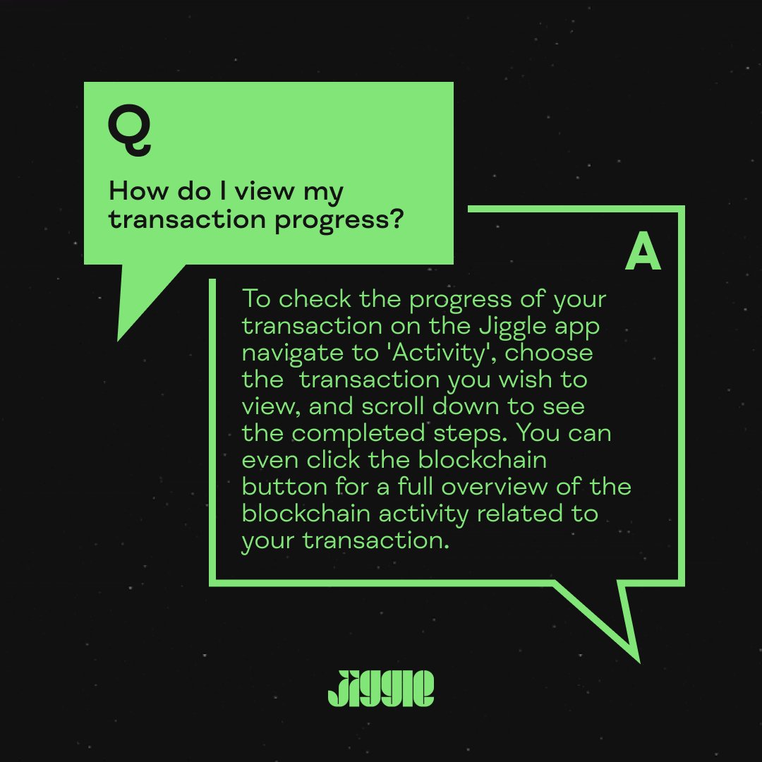 jiggle_app's tweet photo. We've had lots of users asking this question, so for today's #FAQFriday we're explaining how to check your transaction progress in the #JiggleApp. Have you got a question you'd like us to answer? Let us know! Get your #JiggleCryptoWallet here: https://t.co/oWiJpo50sN https://t.co/j6t3HAaTbD