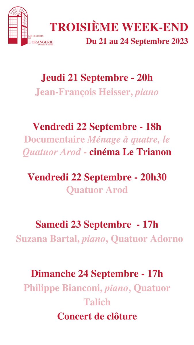 FOrangerie's tweet photo. Découvrez dès maintenant le programme du troisième week-end du Festival de l'Orangerie de Sceaux, qui se déroulera du 7 au 24 Septembre 2023 au Domaine départemental de Sceaux.  Réservez dès maintenant : https://t.co/gxIGjpRHn3 https://t.co/BJ0EMt4FZR