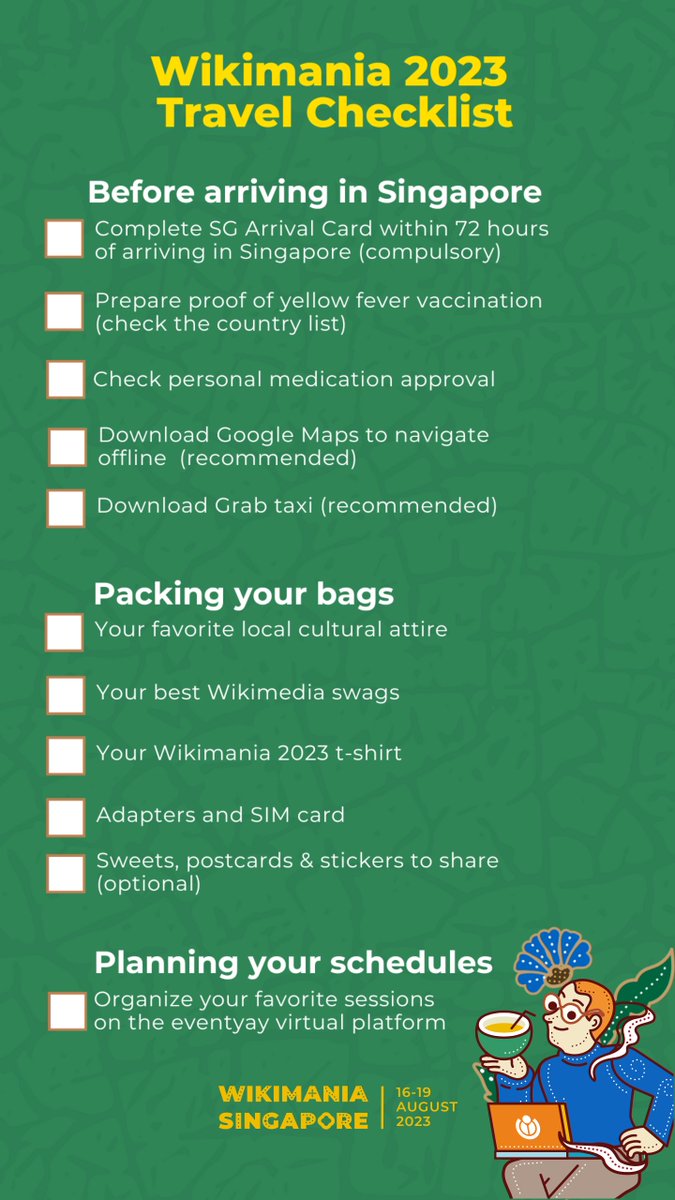 Wikimania's tweet photo. ✅Ready to roll! Packing checklist in hand for Wikimania 2023. Read the details here https://t.co/r4JLhUqjGd . See you soon! https://t.co/QkAOJ6YFop
