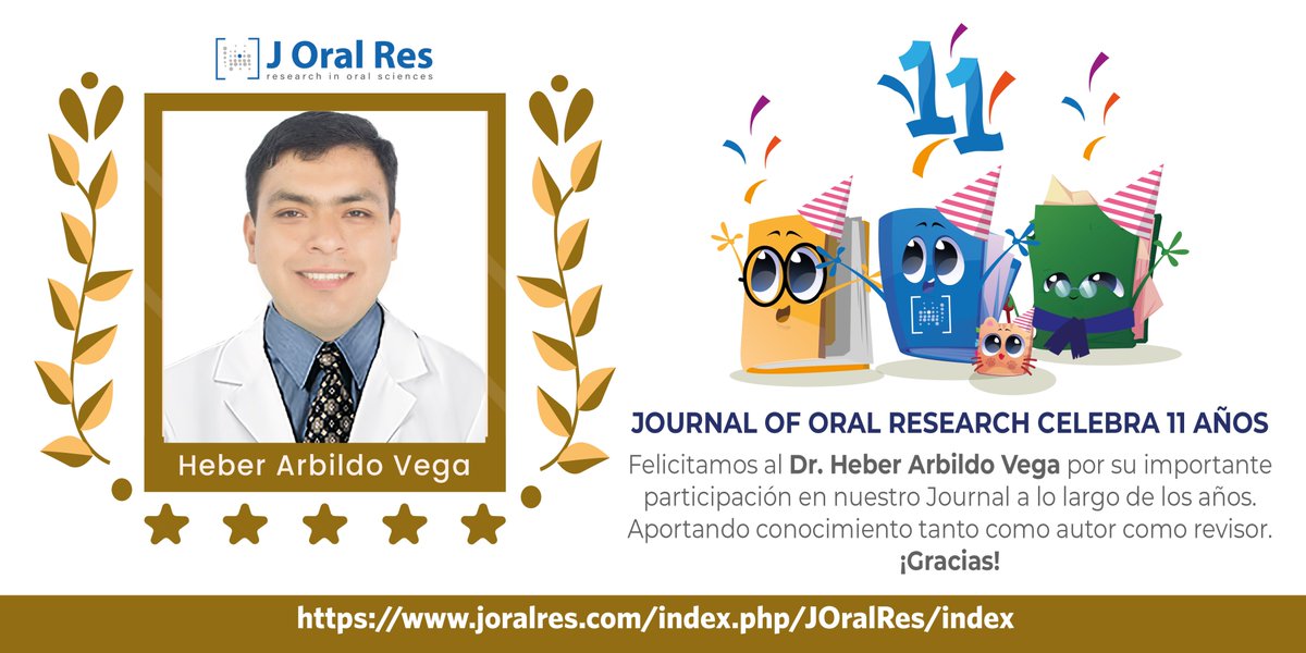 Nuestro Journal of Oral Research, quiere agradecer al  Dr. Heber Arbildo Vega por su importante participación en nuestro Journal a lo largo de los años. 
Aportando conocimiento tanto como autor como revisor. ¡Gracias infinitas!
#Ciencia #divulgacion #Estomatología #periodoncia