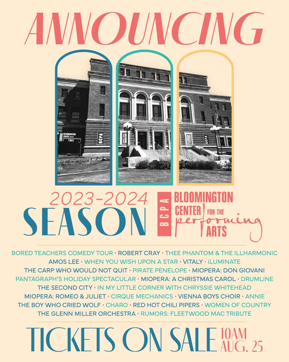 The 2023-2024 Season is HERE!!
Something from almost every genre is hitting the stage this season, and we CANNOT wait to see you here!
Tickets go on sale to the public August 25th at 10am
Explore the season at artsblooming.org