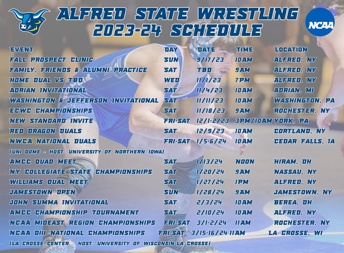 🚨Schedule drop! Check out our official 2023-24 schedule! This year we will compete in 6 diff states, including a trip to Iowa for the programs first ever National Dual Meet Championships appearance, and will be hosting the AMCC Championships looking to defend last seasons title!