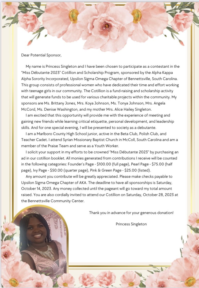 AliceHaileySin2's tweet photo. Princess need your SUPPORT she is a debutant contestant for AKA💕💚
Princess Singleton
Post Office Box 63, Clio SC 29525 
OR $PSingleton557
THANKS IN ADVANCE!!🙏🏽🙏🏽
@DrMaggieWright @TabonNewton @MichelleCMcBri1 @DevineDirector @JadeMcLeod87 https://t.co/JQQISlQH74