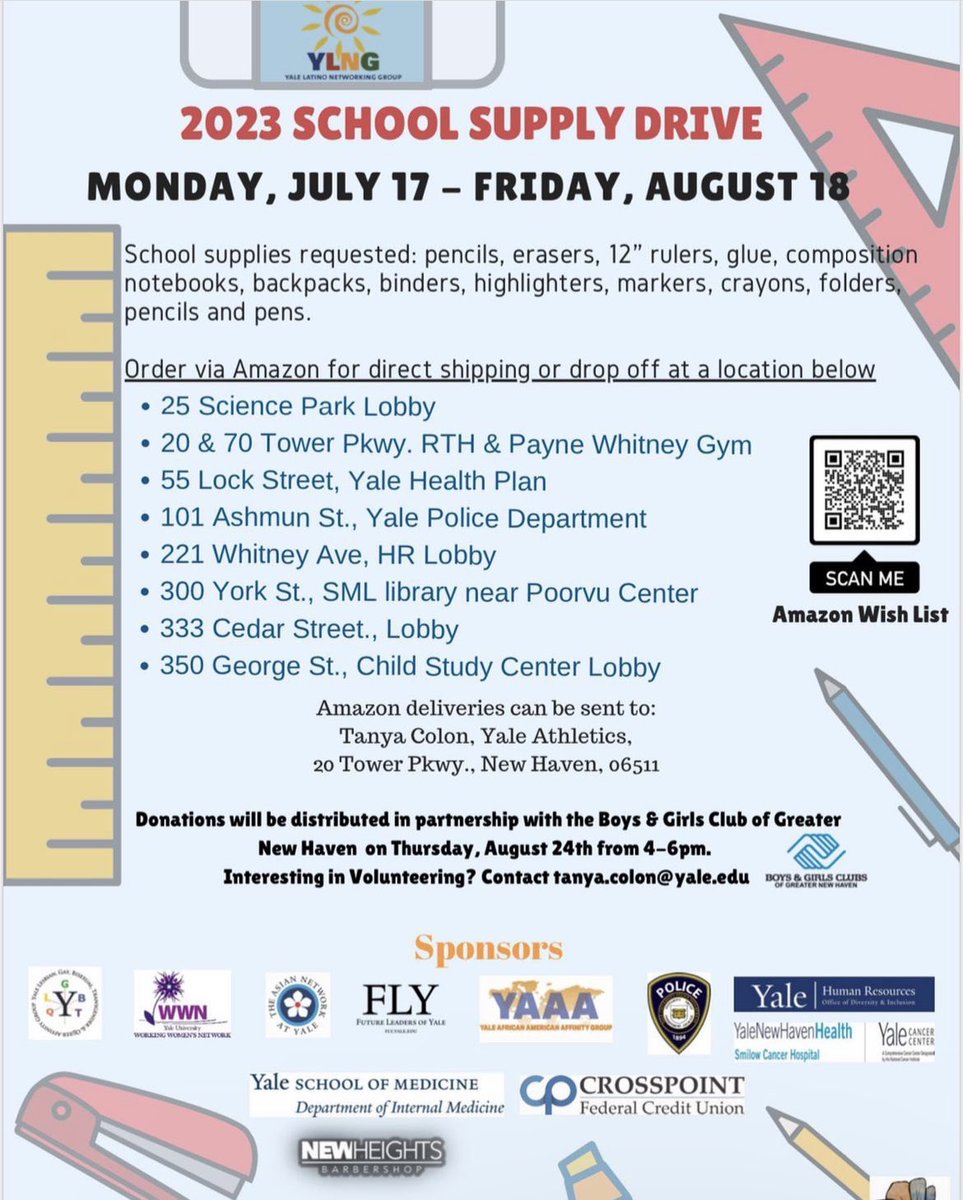 Yale_WWN's tweet photo. Please Support the 2023 School Supply Drive. 

Drop off locations are listed on the flyer: https://t.co/WuX5xAS4av

Amazon wish list: https://t.co/aLTiStuCG9

Donations will be distributed in partnership with Boys &amp; Girls Club of Greater New Haven on Thurs, Aug. 24th from 4-6 pm. https://t.co/Q1FAk1NIrF