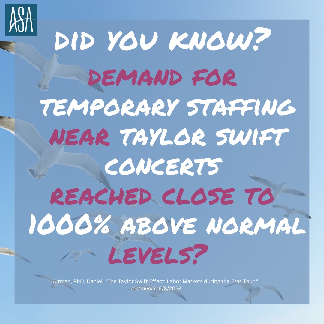 StaffingTweets's tweet photo. DROP EVERYTHING NOW! #DYK that, according to a study from @Instawork, temporary staffing levels near #TaylorSwift concerts reached close to 1000% above normal levels? It wasn't a Cruel Summer for #staffing!  https://t.co/cdwnsjLGfi #TSTheErasTour #1989TaylorsVersion #Recruiting https://t.co/ANJc5hclou