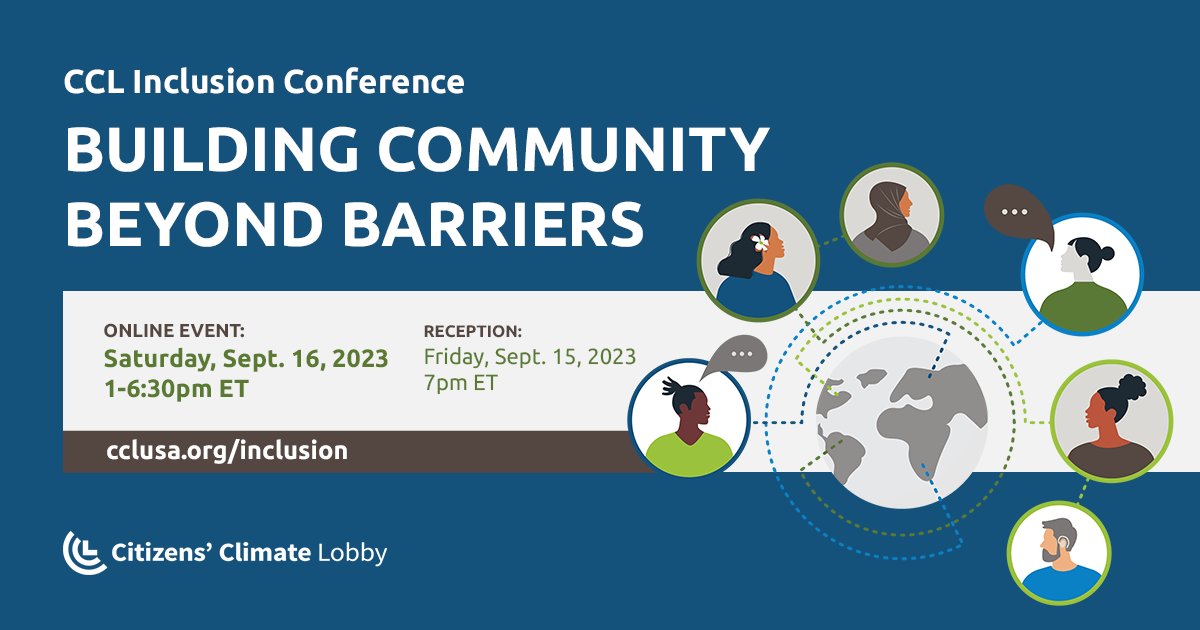 We need to work together to address #climatechange, and we need everyone at the table. 

CCL is hosting a free, online Inclusion Conference next month to encourage dialogue &amp; build bridges.

We'll hear from <a href="/Tykee_James/">TykeeJames✊🏾</a>, @climateincolour &amp; more!

Join us: citizensclimatelobby.org/climate-change…