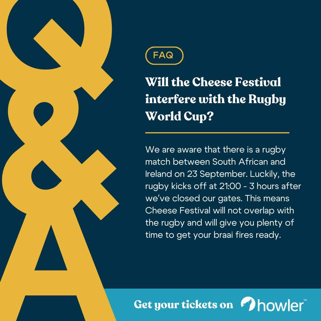 Men, we know you're concerned about it already! 🏉🇿🇦
But don't fear! The SA Cheese Festival will not interrupt the long awaited rugby match on 23 Sept. In fact, why not bring the whole family to enjoy the fun at the cheese festival so you can enjoy the rugby at 21:00 in peace. 😉