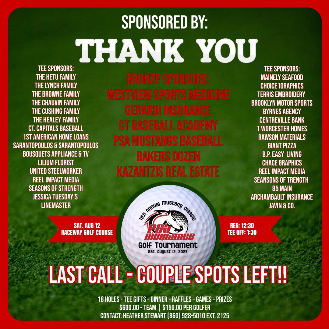 IT’S ALMOST TEE TIME!! 4th Annual Mustang Classic Golf Tournament is tomorrow!! We could not do this w/o all of the constant support from our PSA sponsors, friends, and families!! Still a few spots available!! LET’S GOOO 🏌🏼‍♂️⛳️🏌️‍♀️ #psafamily #mustangclassic