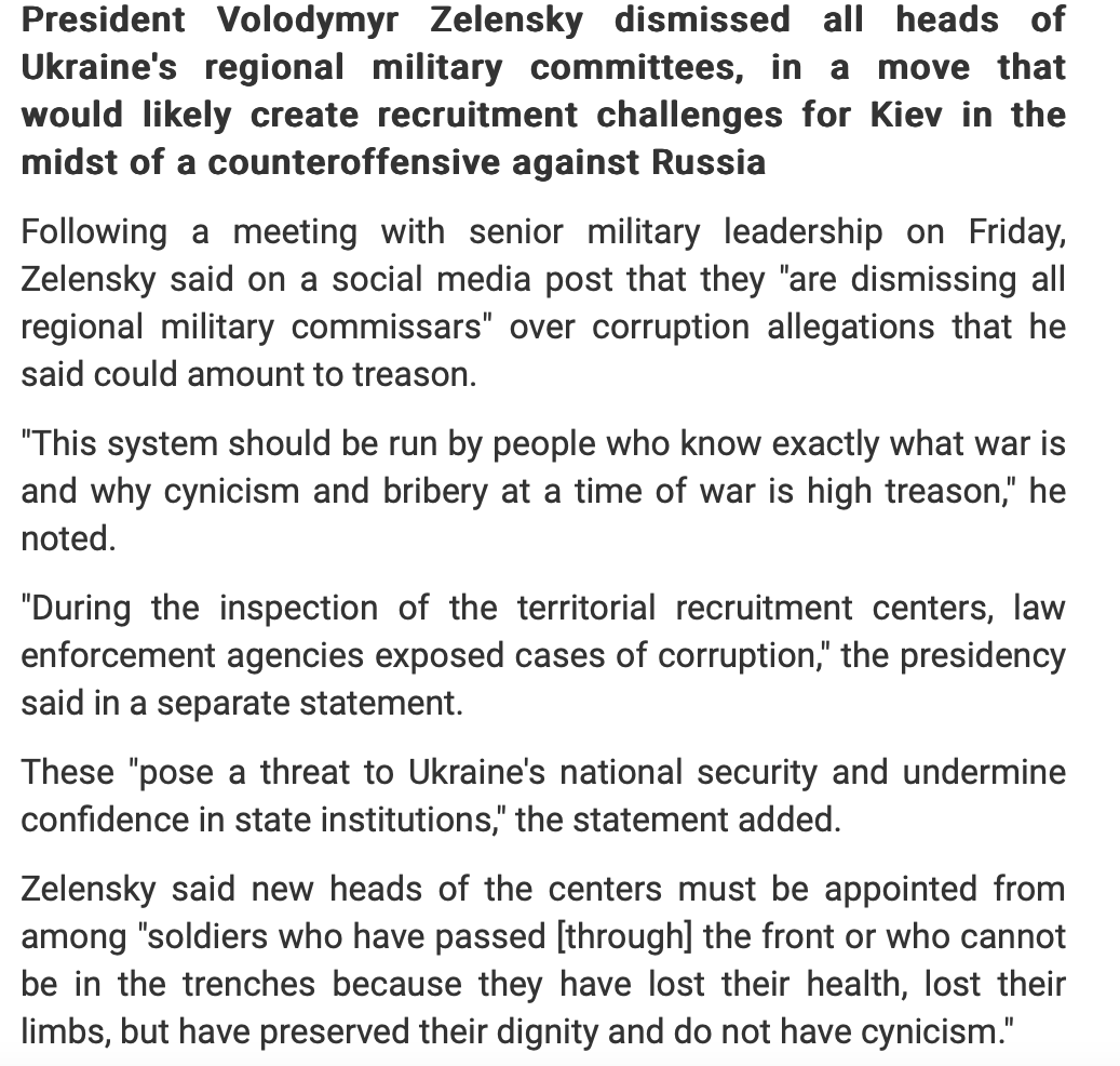 Volodymyr Zelensky of Ukraine (the most corrupt nation in the world,) just fired ALL HEADS of Ukraines recruitment leadership. Why are we not surprised the the MOST CORRUPT President of the United States continues to give money to the MOST CORRUPT nation in the world!