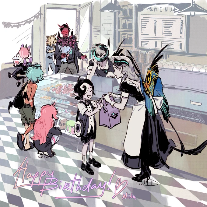 {OC} Birthday card for  !(together with Bikkuri they create webcomic "Devil's Candy")Devil's Candy Kazu getting her a birthday cake from Lilith and her brother! 