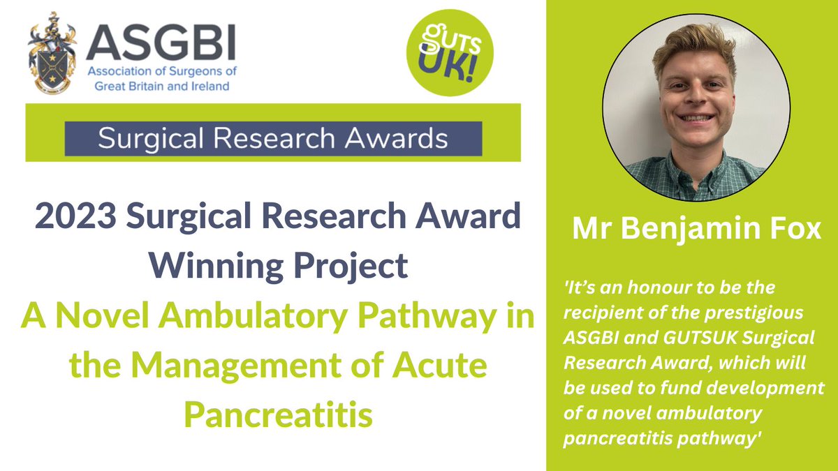 Congratulations to <a href="/BenjaminJ_Fox/">Ben Fox</a> on receiving the <a href="/GutsCharityUK/">Guts UK Charity</a> Surgical Research Award 2023!

We look forward to following the project's progress.