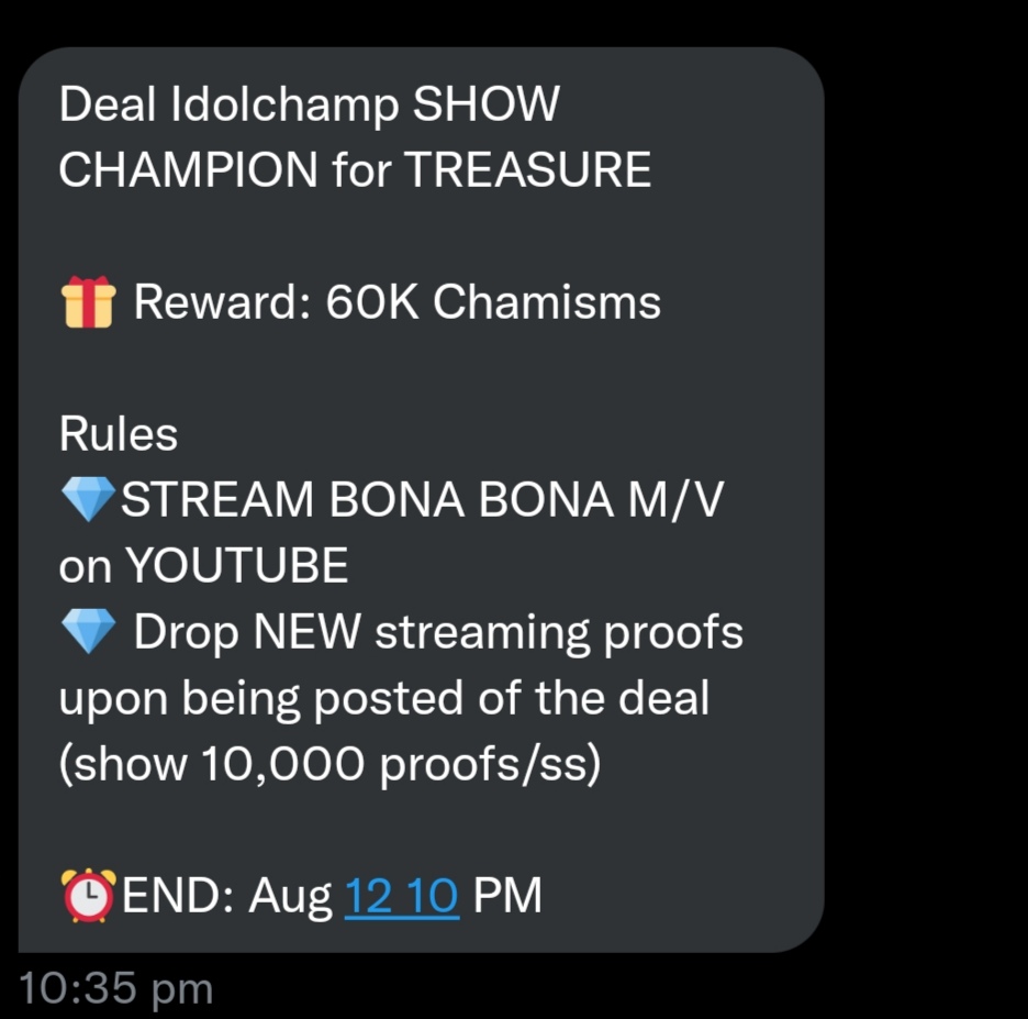 twelveisamust's tweet image. [ DEAL: SHOW CHAMPION x IDOL CHAMP for #TREASURE]

🎁 REWARD: 60,000 CHAMSIMS 😭😭😭

RULES:
- STREAM BONA BONA M/V ON YOUTUBE
- TIMESTAMP SHOULD BE AFTER 10:50PM (Manila, Philippines)

GOAL:
- DROP 10K STREAMING PROOFS BELOW 🙏

⏰END: AUG 12, 11PM KST 

PLEASE HELP &amp;amp; SPREAD!!