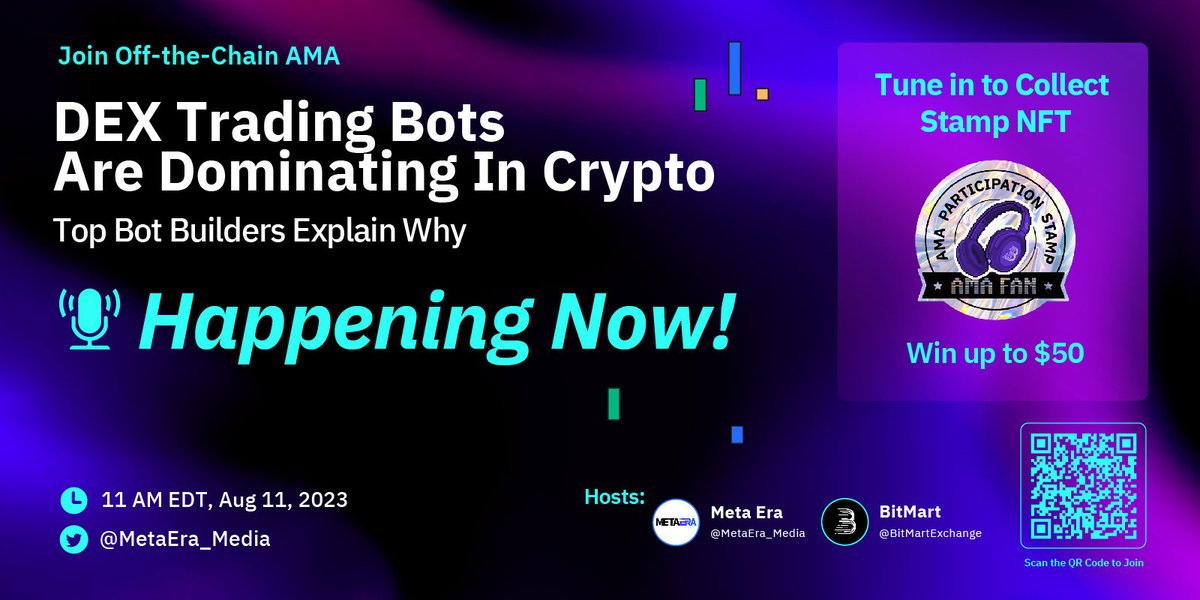 BitMartExchange's tweet photo. 💥Happening Now💥

Tune in to learn why #DEX trading bots are dominating in #crypto from top bot builders &amp; get the chance to collect Stamp NFTs to win up to 50 USDT 🤩

To enter:
🔹Tune in for 30+ minutes: https://t.co/wc1QGoo8fA
🔹Fill out the form: https://t.co/sbPBibynQT https://t.co/IacEiJ1fCD