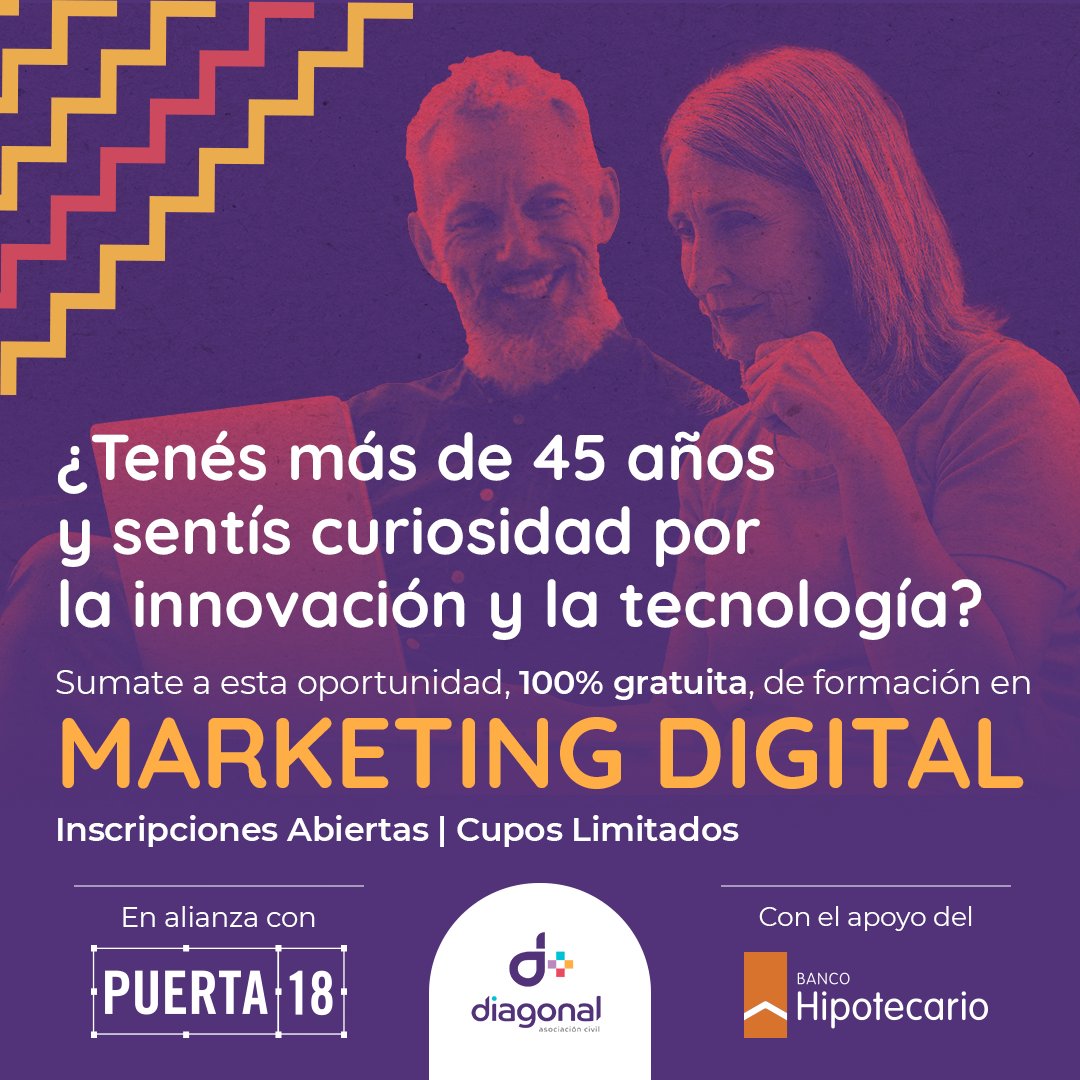 💥 #MarketingDigital 💥
💻100% online vía Zoom.
📅Desde el 28/8 hasta el 15/11.
🕕Lunes y miércoles de 18 a 20 hs.
Inscribite 👉 forms.gle/tJVcWvXZ2jjrMR… (hasta el 18/8).
🤝Programa brindado a través de <a href="/DiagonalONG/">Diagonal Asociación Civil</a> en alianza con <a href="/puerta18/">mete me mano</a> y gracias al apoyo de Banco Hipotecario.