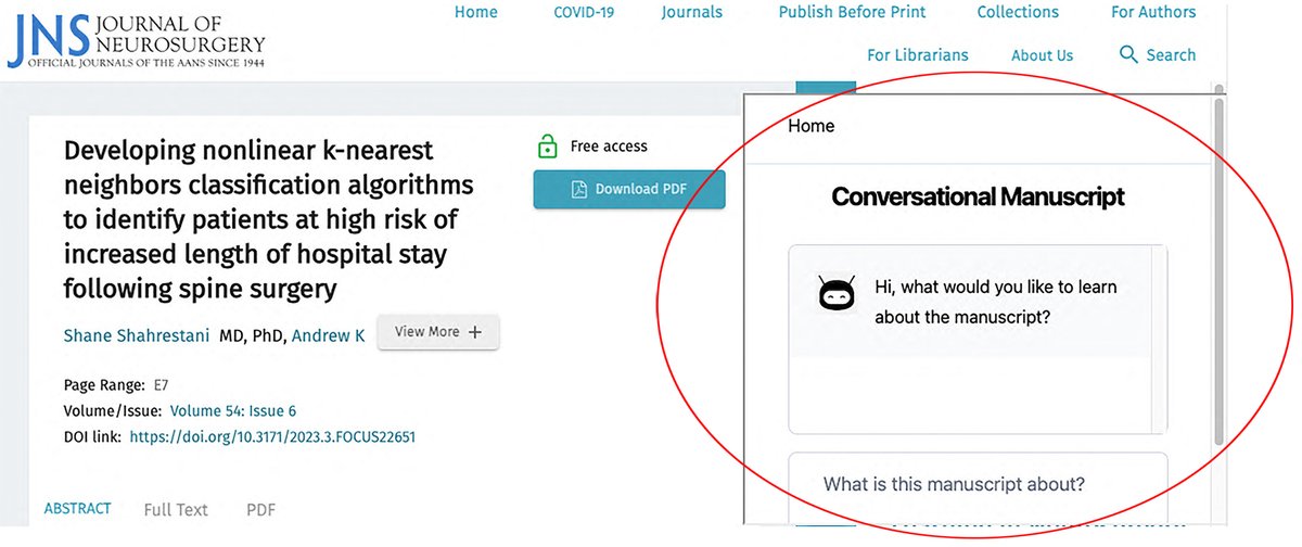 KGL PubFactory, hosting platform for @TheJNS #NeurosurgicalFocus, is excited to facilitate this experiment with a #ChatGPT powered 'conversational manuscript.' Go ahead, ask it anything about the article!  thejns.org/focus/view/jou…