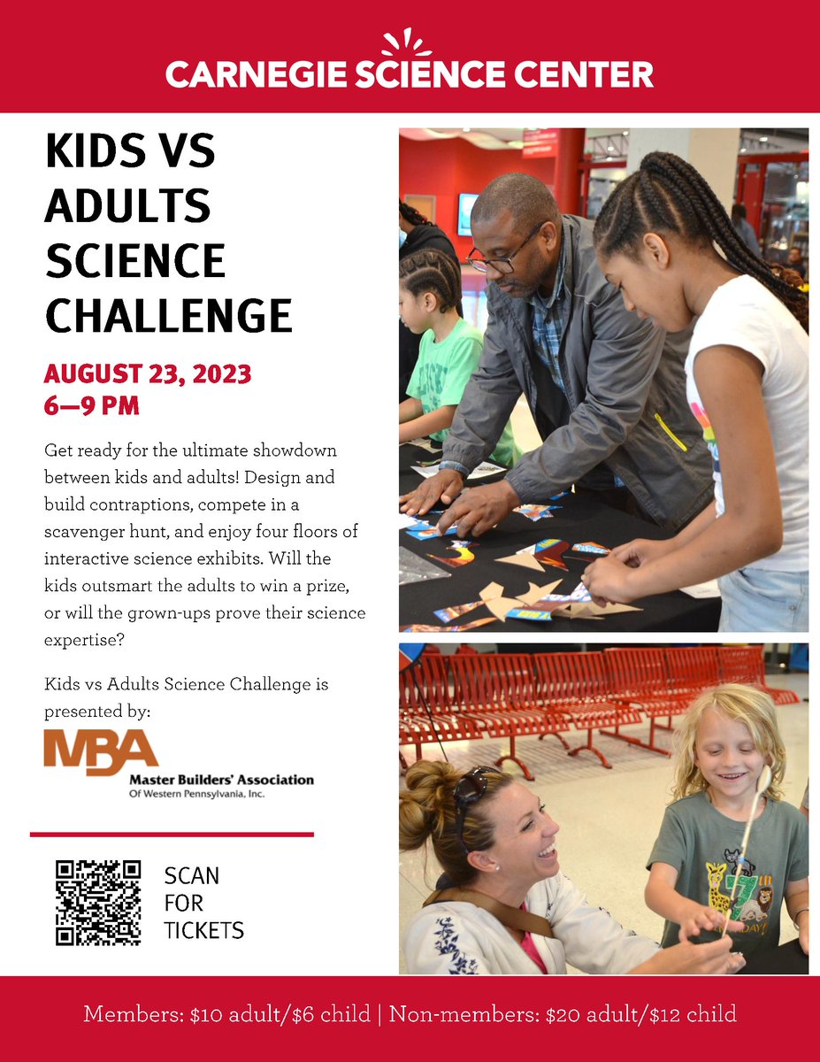 Join the MBA for a thrilling and fun-filled evening at the Science Center for Kids vs. Adults Science Challenge! 
carnegiesciencecenter.org/events/kids-vs…