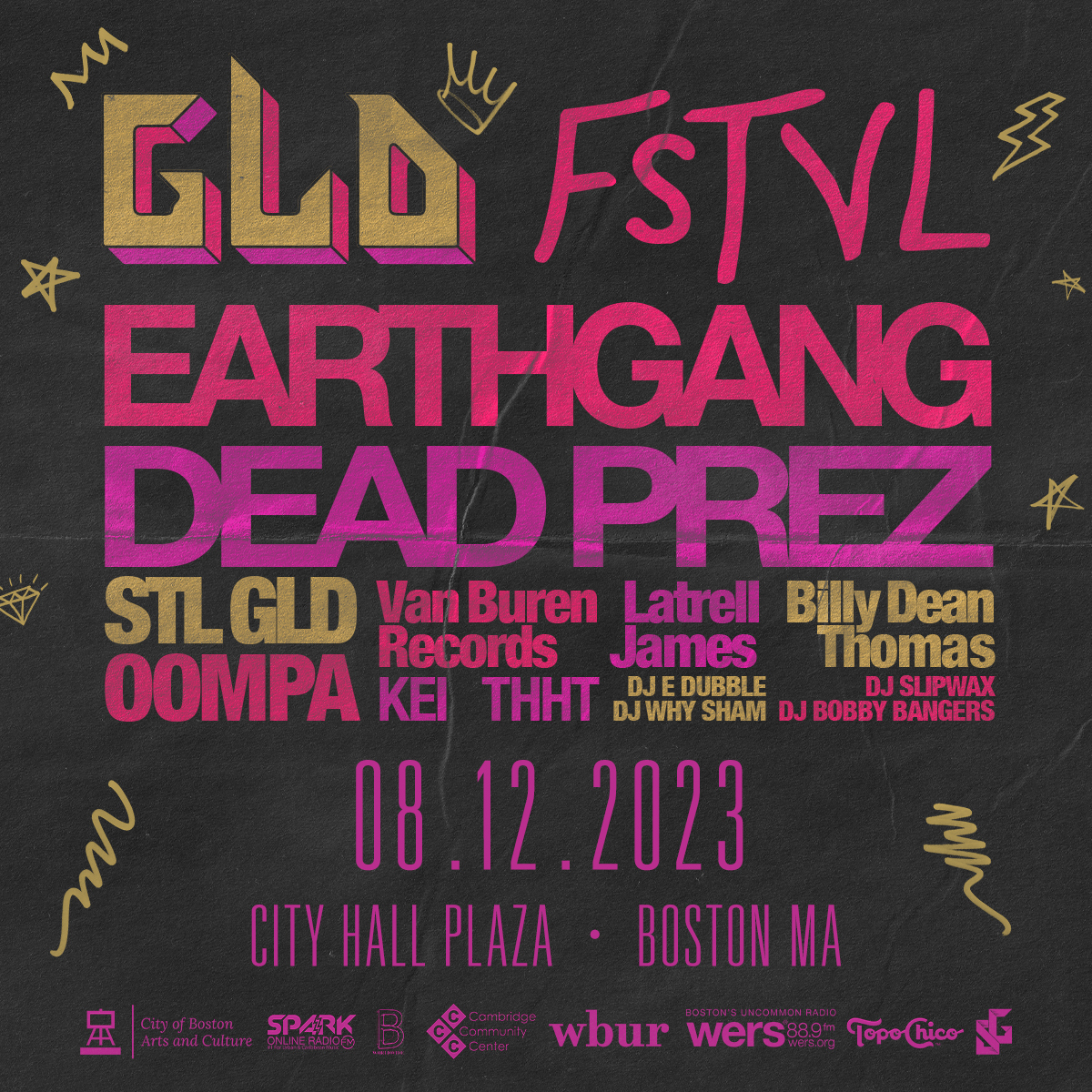 STL GLD &amp; <a href="/ArtsinBoston/">Mayor's Office of Arts & Culture Boston</a> present: GLD FSTVL! A one-day music and arts festival paying homage to Hip Hop at City Hall Plaza.

Saturday, August 12
12 - 10 p.m., City Hall Plaza
Learn more ➡️ boston.gov/gld-fstvl
