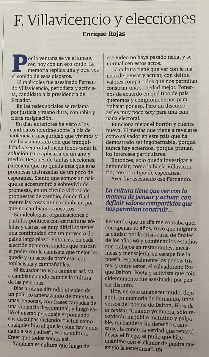 Comparto mi columna de hoy, sobre Fernando Villavicencio y una cultura política que nos estanca.