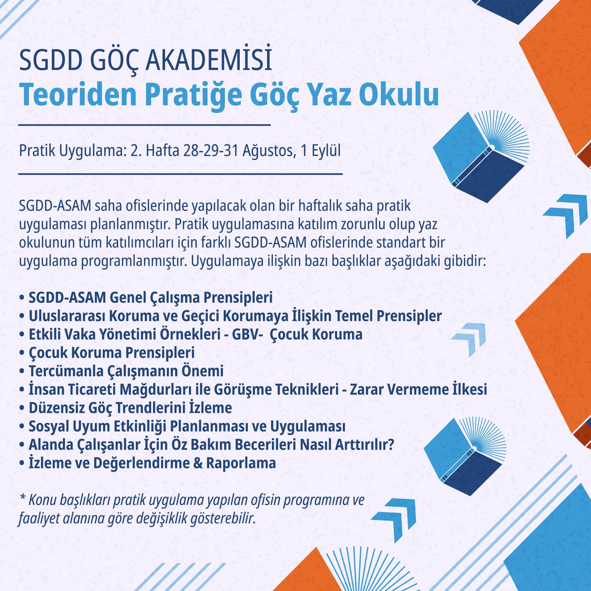 SgddAkademi's tweet photo. 28-29-31 Ağustos ve 1 Eylül'dedir.

Çevrim içi olarak düzenlenecek olan Teorik Eğitim’de öğrenilen bilgilerin pratik uygulaması Türkiye’nin pek çok ilinde bulunan SGDD-ASAM ofislerinde fiziksel olarak yapılacaktır.

Başvuru: https://t.co/nP7owJcR0R https://t.co/2WunCBxkng