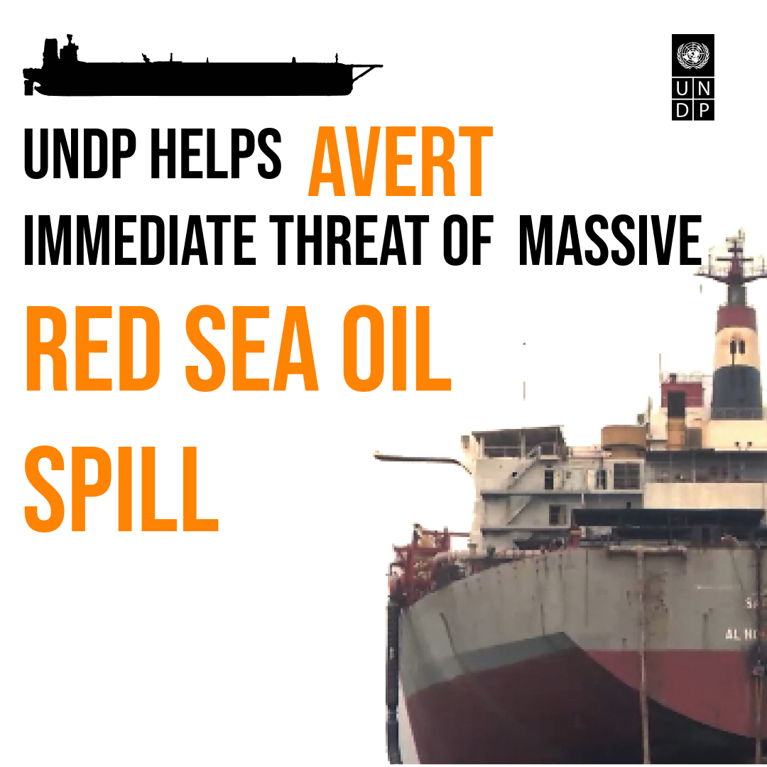 UNDP's tweet image. 💥 Breaking news💥

The @UN-led operation to #StopRedSeaSpill has successfully transferred more than 1.1 million barrels of oil from the #FSOSafer supertanker off Yemen’s coast, preventing an environmental, economic and humanitarian disaster. go.undp.org/5QEv