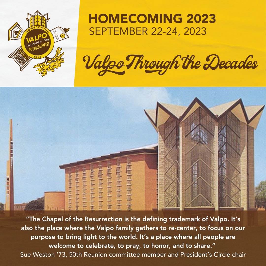 Join Sue and other Valpo alumni, friends, students, faculty, and parents at Homecoming 2023. Registration is open now at valpo.edu/homecoming.