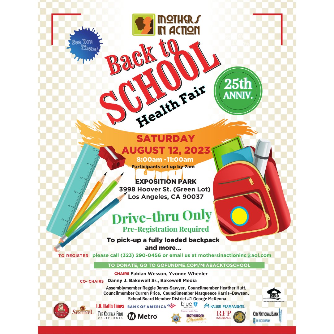 CSSDLA's tweet image. Pick up school supplies with Mothers in Action at Exposition Park at their Back to School Festival! Being prepared is the key to success! Please pre-register before you attend. #freebackpacks
Call: (323)-290-0456
Email: mothersinaction@aol.com
To donate: GOFUNDME.COM/MIABACKTOSCHOOL